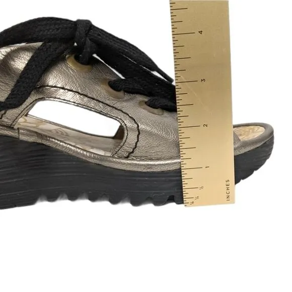 FLY LONDON Ylva Metallic Leather Wedge Sandals 38