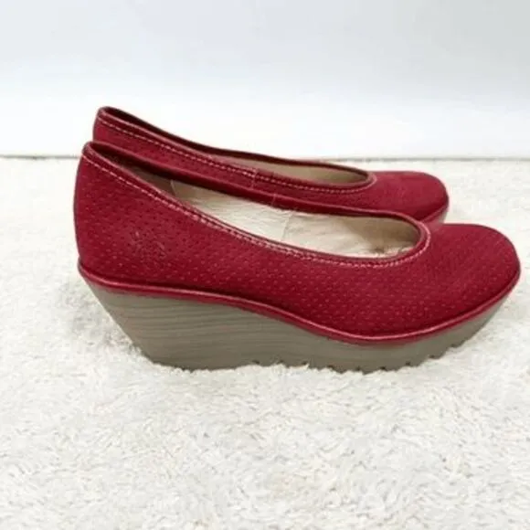 Fly london Yoni Slip On Suede Wedge Shoes Red Heels Pumps Womens size 38 US 7.5