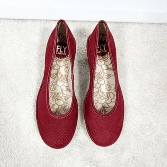 Fly london Yoni Slip On Suede Wedge Shoes Red Heels Pumps Womens size 38 US 7.5