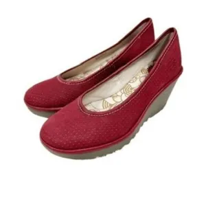 Fly london Yoni Slip On Suede Wedge Shoes Red Heels Pumps Womens size 38 US 7.5