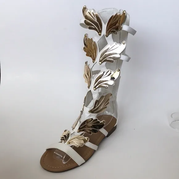 Forever New White Faux leather Gladiator Sandals with Gold Angel wings 6.5M