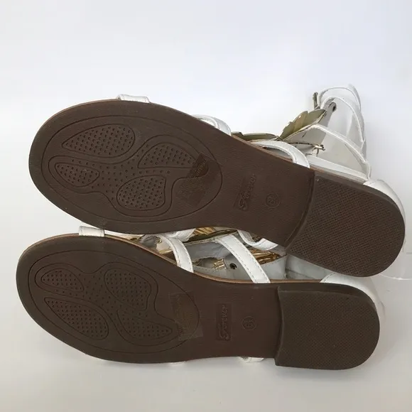 Forever New White Faux leather Gladiator Sandals with Gold Angel wings 6.5M
