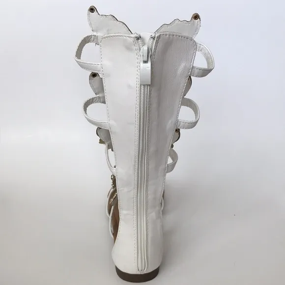 Forever New White Faux leather Gladiator Sandals with Gold Angel wings 6.5M