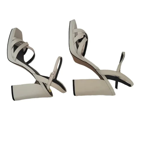 Franco Sarto Damalis Light Gray Leather Ankle Strap Block Heel Sandals