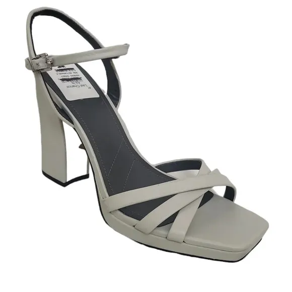 Franco Sarto Damalis Light Gray Leather Ankle Strap Block Heel Sandals