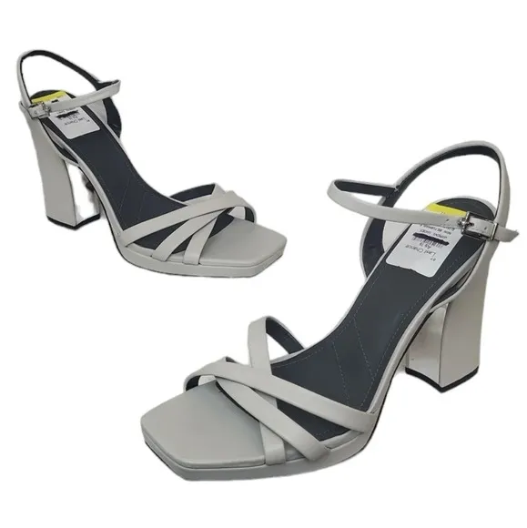 Franco Sarto Damalis Light Gray Leather Ankle Strap Block Heel Sandals
