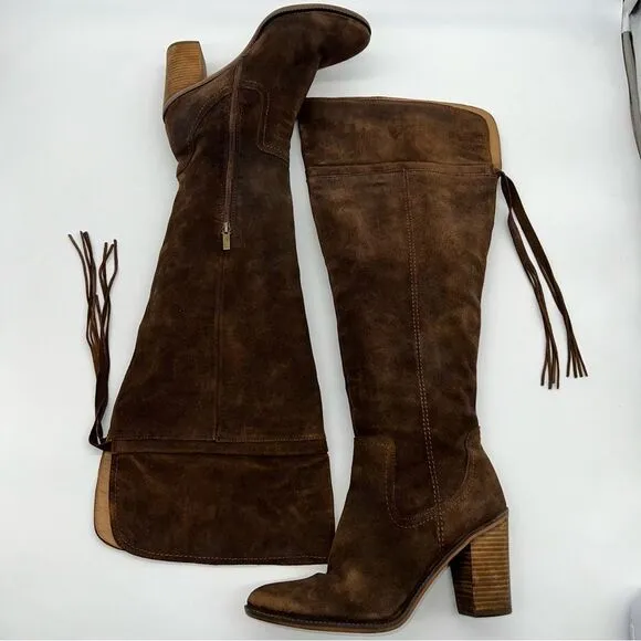 Franco Sarto Elnora Brown Suede Over the Knee Block Heeled Boots w/Tassel