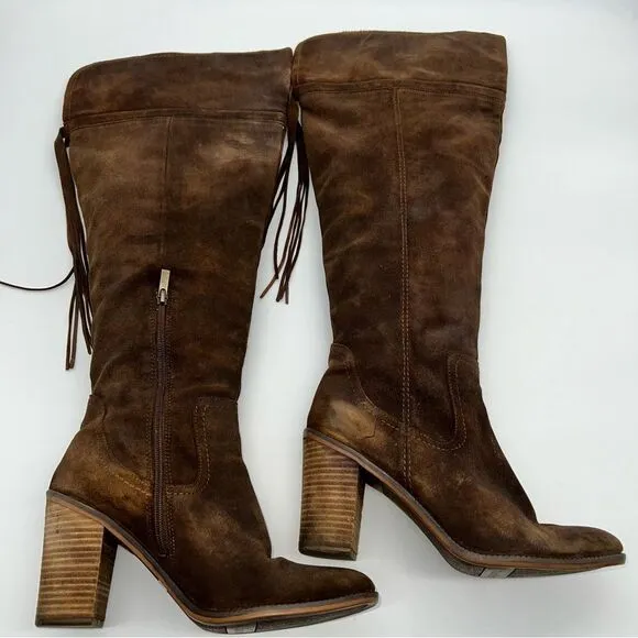 Franco Sarto Elnora Brown Suede Over the Knee Block Heeled Boots w/Tassel