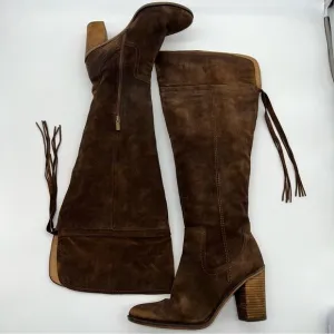 Franco Sarto Elnora Brown Suede Over the Knee Block Heeled Boots w/Tassel