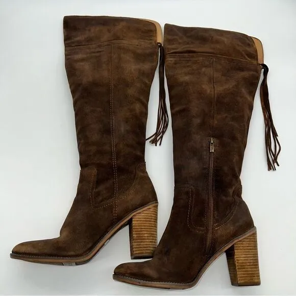 Franco Sarto Elnora Brown Suede Over the Knee Block Heeled Boots w/Tassel
