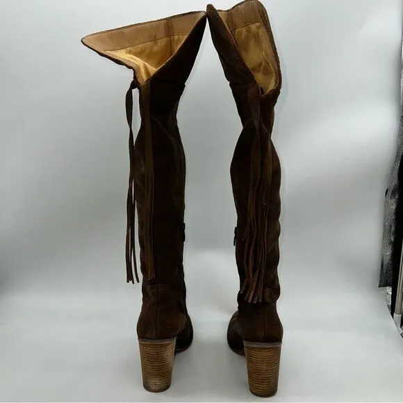 Franco Sarto Elnora Brown Suede Over the Knee Block Heeled Boots w/Tassel
