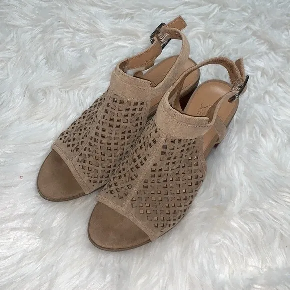 Franco Sarto Harlet Suede Leather Woven Cut Out Block Heel Sandals Sz 8.5