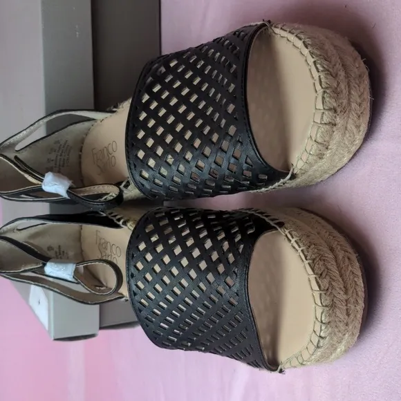 Franco Sarto Leather Black Calabria Wedge Sandals size 10
