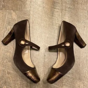 Franco Sarto Ulrich Chocolate brown suede and bronze maryjane heels size 9