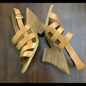 FRANCO SARTO‎ WOMENS LEATHER WEDGE HEEL SANDALS TAN SIZE 8.5
