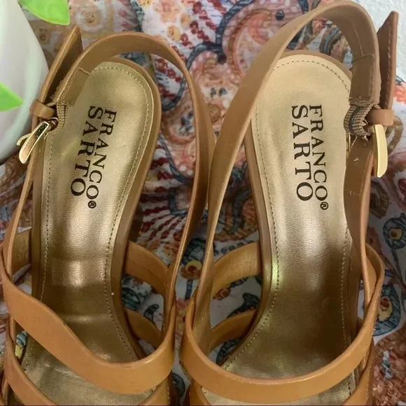 FRANCO SARTO‎ WOMENS LEATHER WEDGE HEEL SANDALS TAN SIZE 8.5