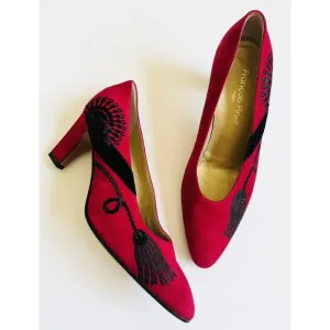 Francois Pinet Paris Sergio Rossi 36 Vintage Pumps Red Suede Black Embroidered