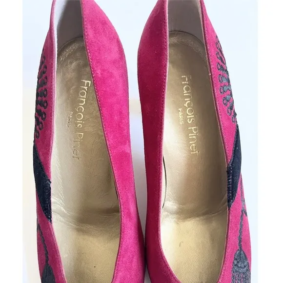 Francois Pinet Paris Sergio Rossi 36 Vintage Pumps Red Suede Black Embroidered