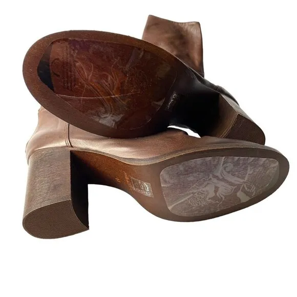 Free People Chocolate Brown Leather Elle Slouchy Block Heel Boots NEW Size 41