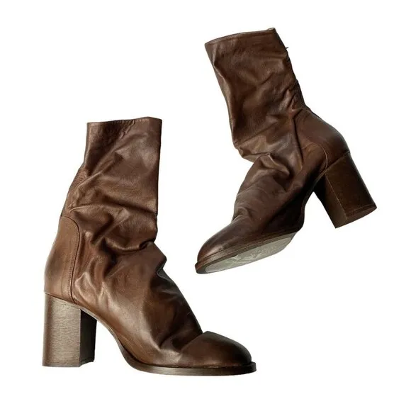 Free People Chocolate Brown Leather Elle Slouchy Block Heel Boots NEW Size 41