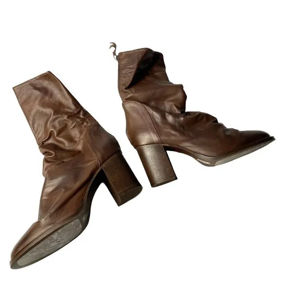 Free People Chocolate Brown Leather Elle Slouchy Block Heel Boots NEW Size 41