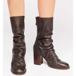 Free People Chocolate Brown Leather Elle Slouchy Block Heel Boots NEW Size 41