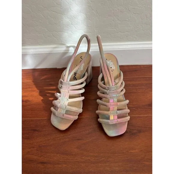 Free People Colette Cinched Iridescent Rainbow Heeled Sandals Womens Sz 36.5 EU