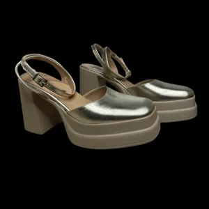 Free People Double Stack Platform Gold  Leather Chunky Heel Shoes Womens 7.5 38