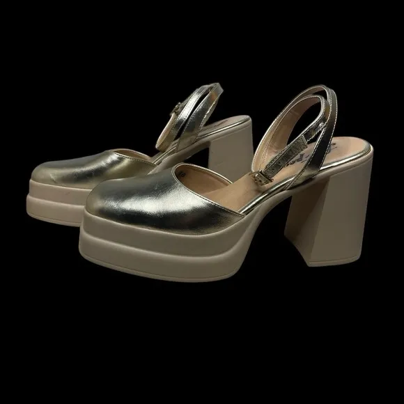Free People Double Stack Platform Gold  Leather Chunky Heel Shoes Womens 7.5 38