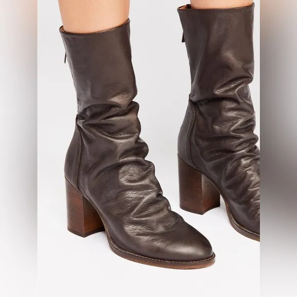 Free People Elle Block Heel Boots Black Slouch Leather Boots Size38/US9