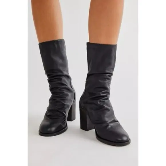 Free People Elle Block Heel Boots Black Slouch Leather Boots Size38/US9