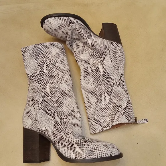 FREE PEOPLE Elle Block Heel Snake-Print Slouch Boots Size 39EU/9US
