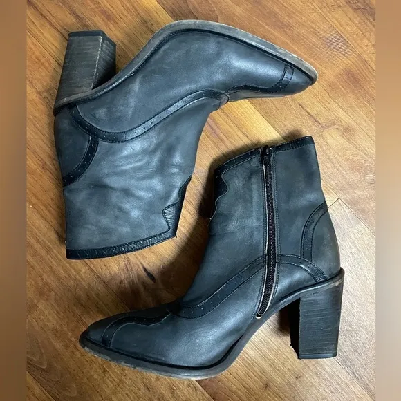 Free People Leather Western Distressed Block Heel Cowgirl Ankle Boots