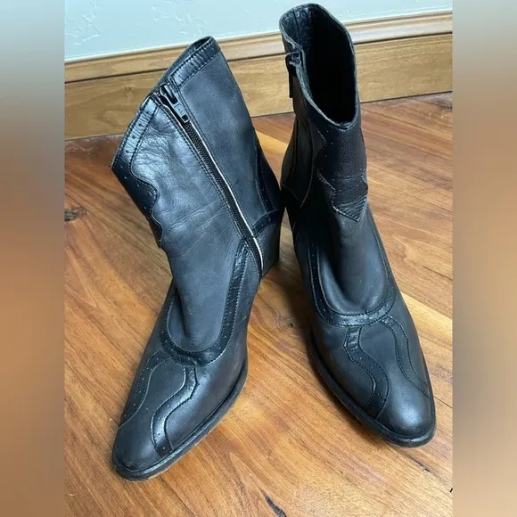 Free People Leather Western Distressed Block Heel Cowgirl Ankle Boots