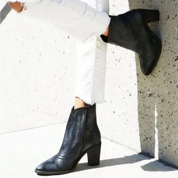 Free People Leather Western Distressed Block Heel Cowgirl Ankle Boots
