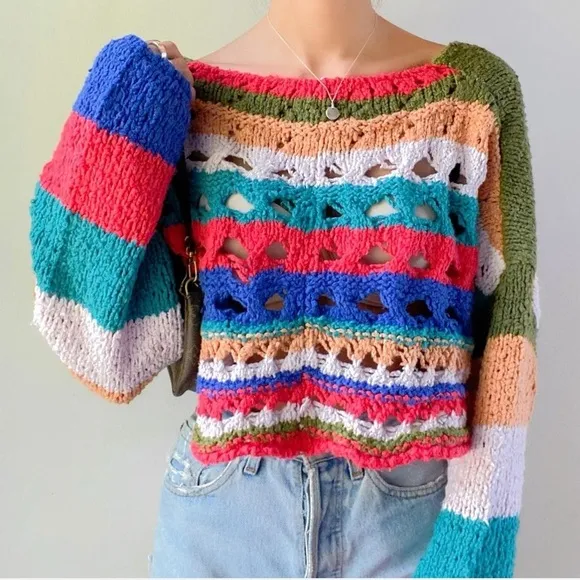 Free People Long Sleeve Color-block Cropped Sweater NWOT