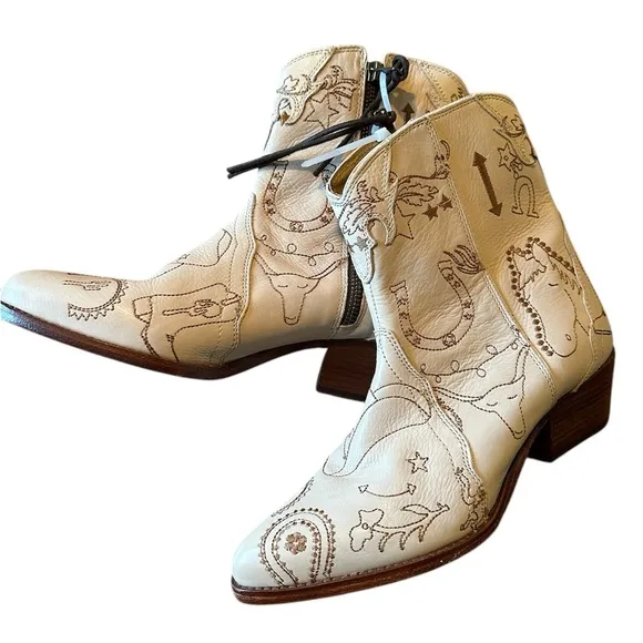 Free People New Frontier Doodle Print Western Boots in Beige, Size 38/7.5