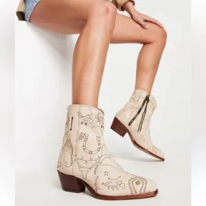 Free People New Frontier Doodle Print Western Boots in Beige, Size 38/7.5