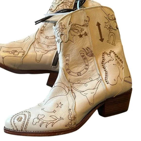 Free People New Frontier Doodle Print Western Boots in Beige, Size 38/7.5