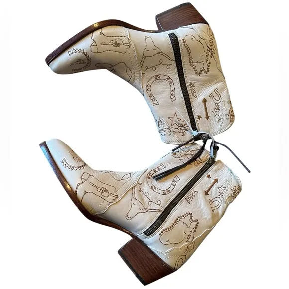 Free People New Frontier Doodle Print Western Boots in Beige, Size 38/7.5