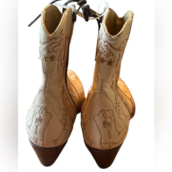 Free People New Frontier Doodle Print Western Boots in Beige, Size 38/7.5