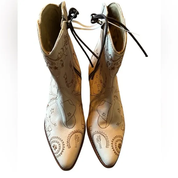 Free People New Frontier Doodle Print Western Boots in Beige, Size 38/7.5