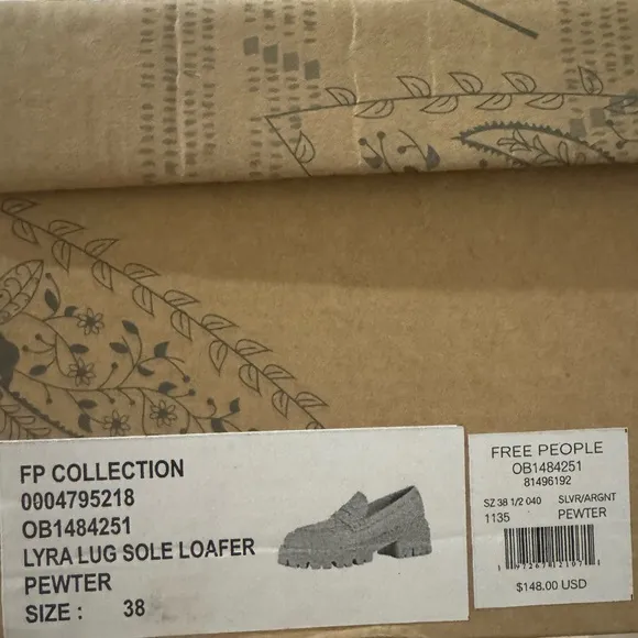 Free People Pewter Lyra Lug Sole Leather Loafer Size 38 Worn