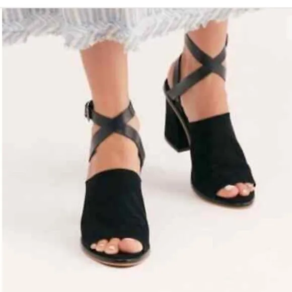 Free People See Ya There Heel Suede Sandals Size 40 Black Fall Block