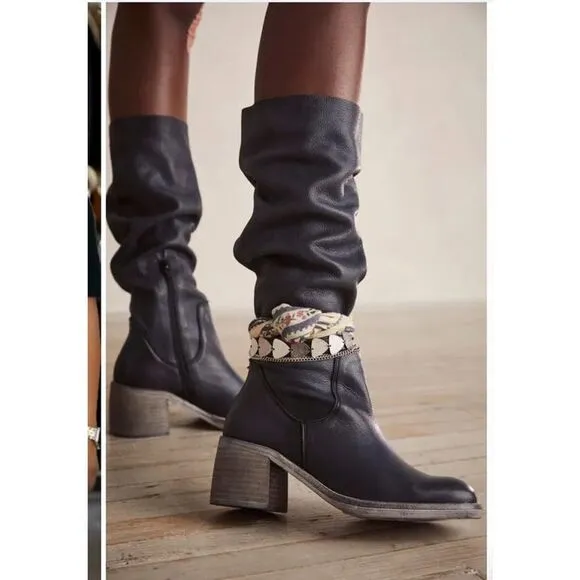 Free People Essential Knee High Boot Navy Blue Leather Size 36.5 / US 6