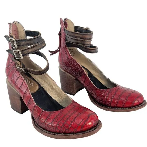 Freebird Randi Red Leather Croc Ankle Strap Block Heels Women's Size 7 Preowned