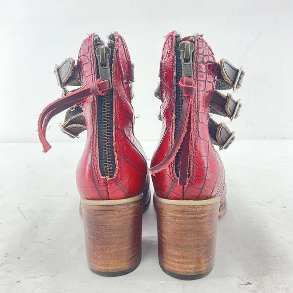 Freebird Randi Red Leather Croc Ankle Strap Block Heels Women's Size 7 Preowned