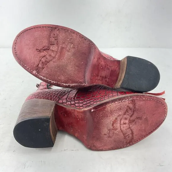 Freebird Randi Red Leather Croc Ankle Strap Block Heels Women's Size 7 Preowned