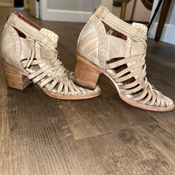 Freebird “Wazee” Tan Heeled Sandals with Lace-Up Design