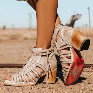 Freebird “Wazee” Tan Heeled Sandals with Lace-Up Design